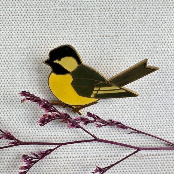 Huguenin Jewelry - Huguenin Switzerland Signed Enamel Bird Brooch/Pin Yellow Green Black 1.25"